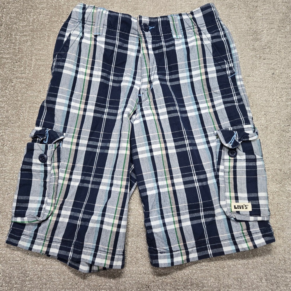 Levis Mens Plaid Cargo Shorts Navy Blue White Green Cotton Size 14 W27 New